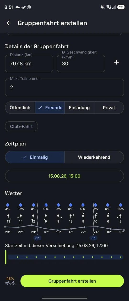 Eine Gruppenaktivität erstellen, mit Wettervorhersage und Verschiebe-Regler für die Startzeit