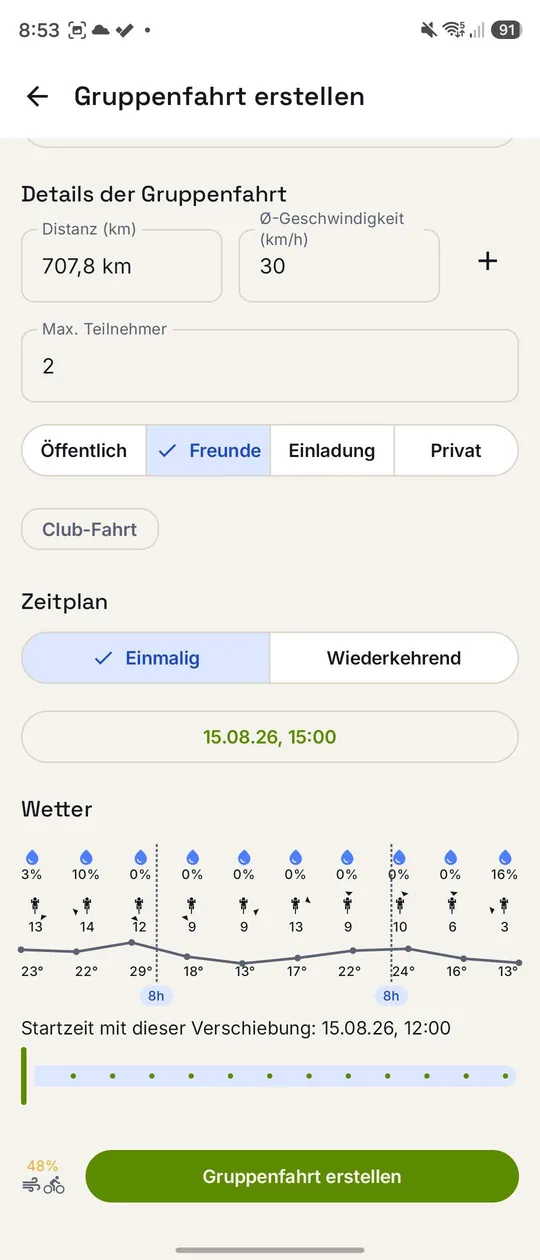 Eine Gruppenaktivität erstellen, mit Wettervorhersage und Verschiebe-Regler für die Startzeit