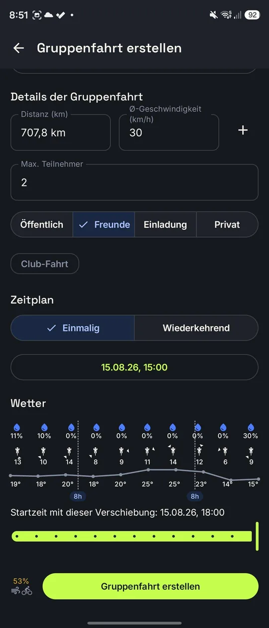Nochmals verschoben auf einen Start um 18 Uhr, immer noch auf demselben Planungsbildschirm