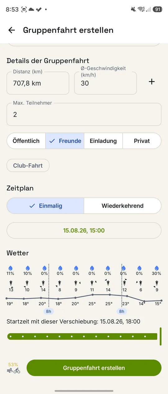 Nochmals verschoben auf einen Start um 18 Uhr, immer noch auf demselben Planungsbildschirm