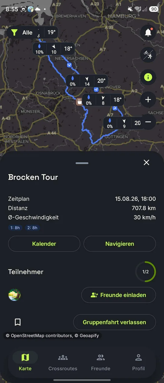 Eine 707 km lange mehrtägige Tour auf der Karte, mit Wetter an mehreren Punkten entlang der ganzen Route