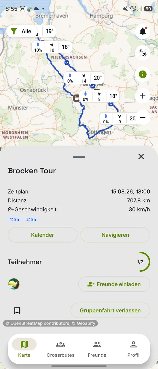 Eine 707 km lange mehrtägige Tour auf der Karte, mit Wetter an mehreren Punkten entlang der ganzen Route