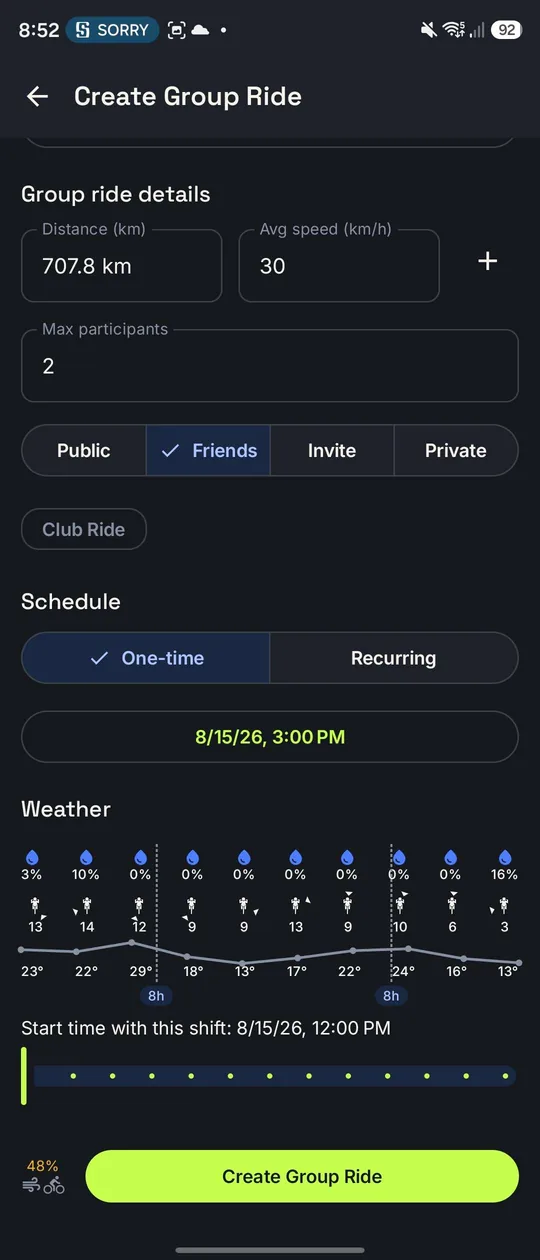 Creating a group ride with the weather forecast and a start-time shift picker