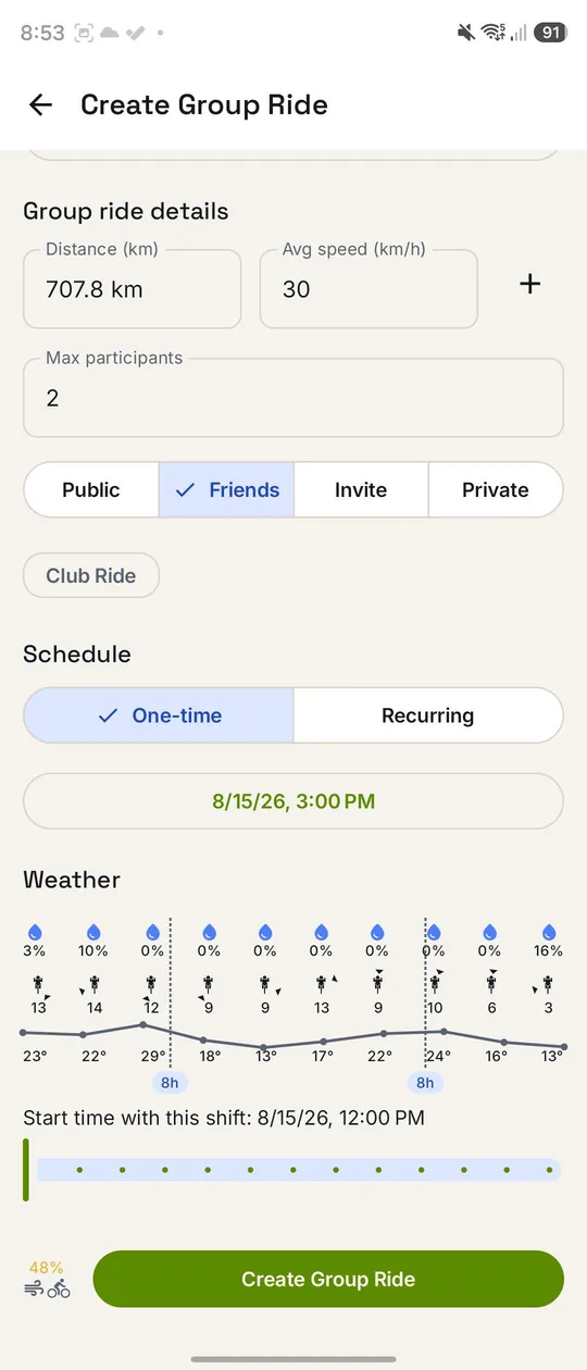 Creating a group ride with the weather forecast and a start-time shift picker