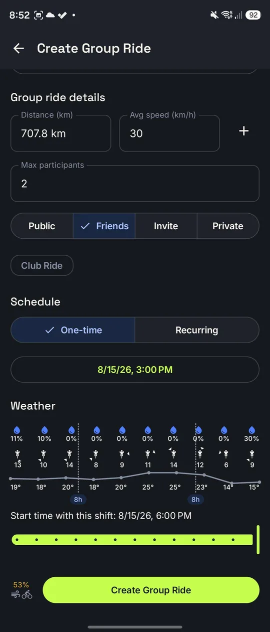 Shifted again to a 6 PM start, still inside the same planning screen