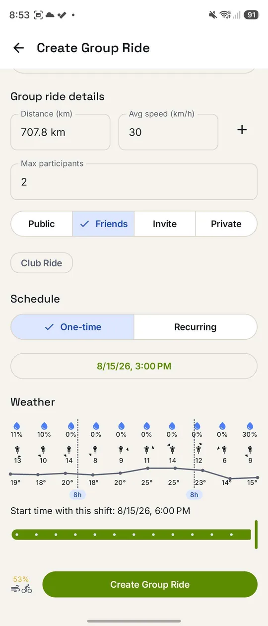Shifted again to a 6 PM start, still inside the same planning screen