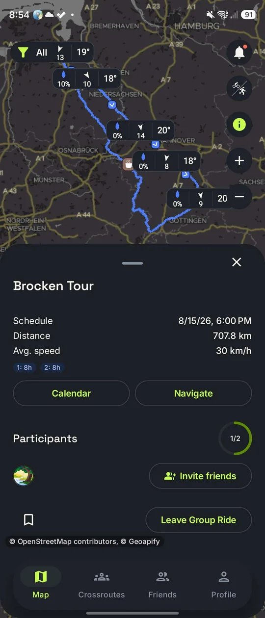 A 707 km multiday tour on the map, with weather pinned at points along the whole route