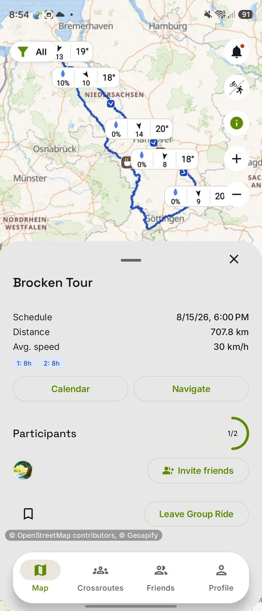 A 707 km multiday tour on the map, with weather pinned at points along the whole route